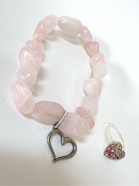 Natural Tumbled Rose Quartz Nugget Heart Bracelet + FREE Rhinestone Toe Ring Set